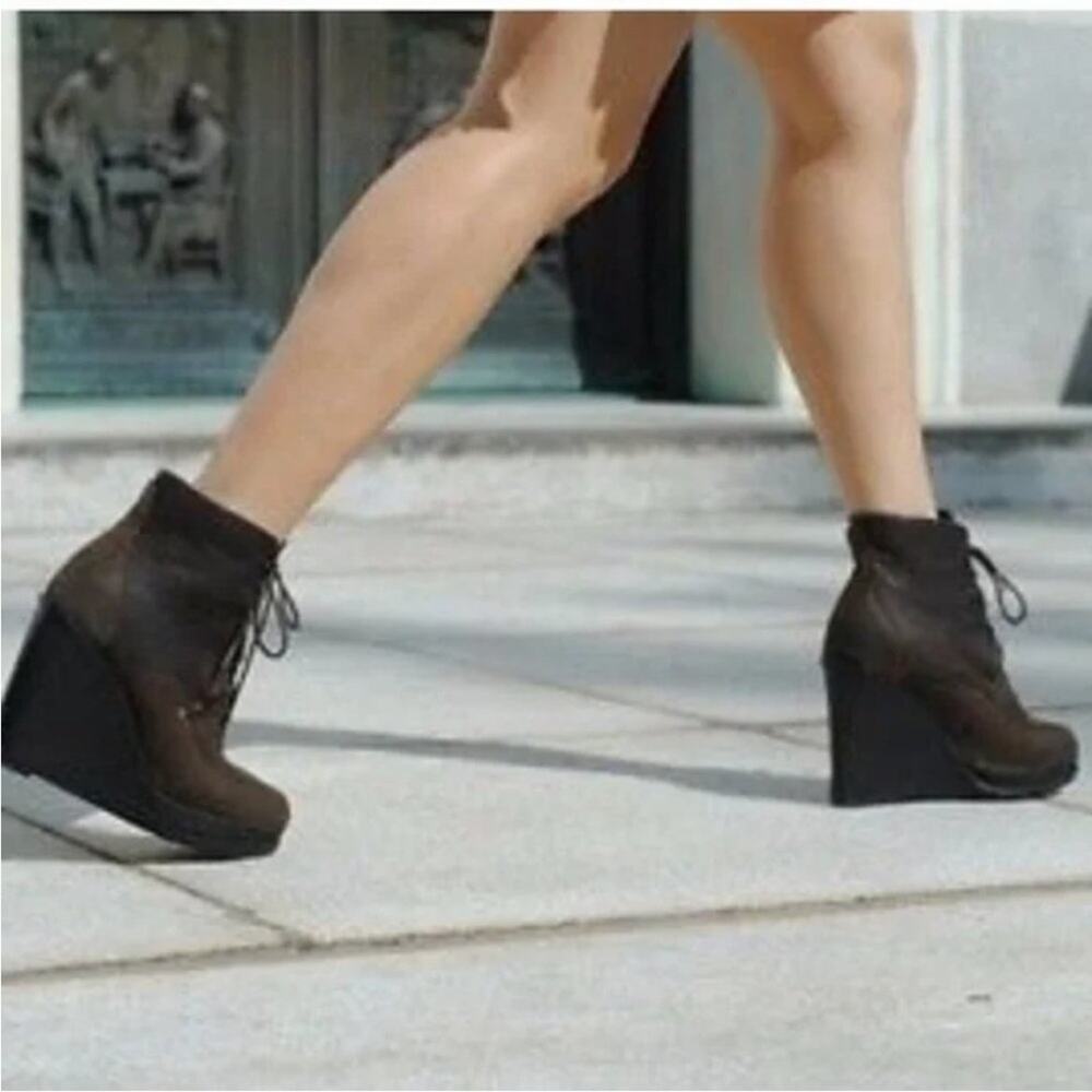 Rag & Bone Brown Leather Combat Wedge Ankle Boots Distressed Womens 9 Lace Up - Picture 12 of 14